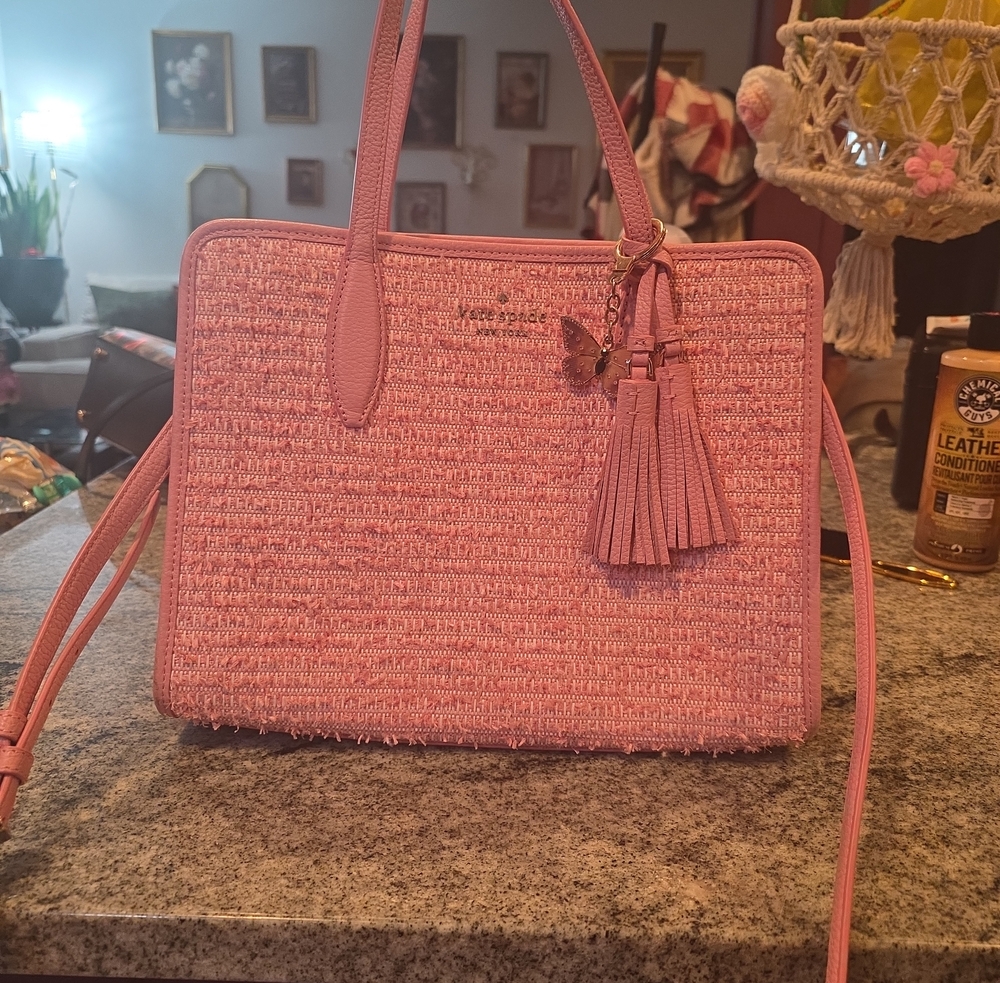 kate spade Pink Tweed Satchel with Tassel Charm